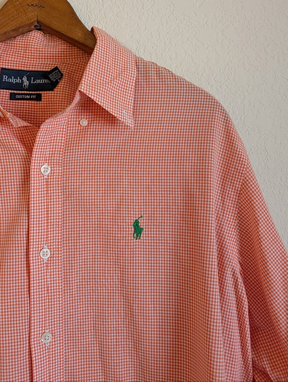 Ralph Lauren Orange Gingham Button-Down Shirt with Green Logo Large Custom Fit